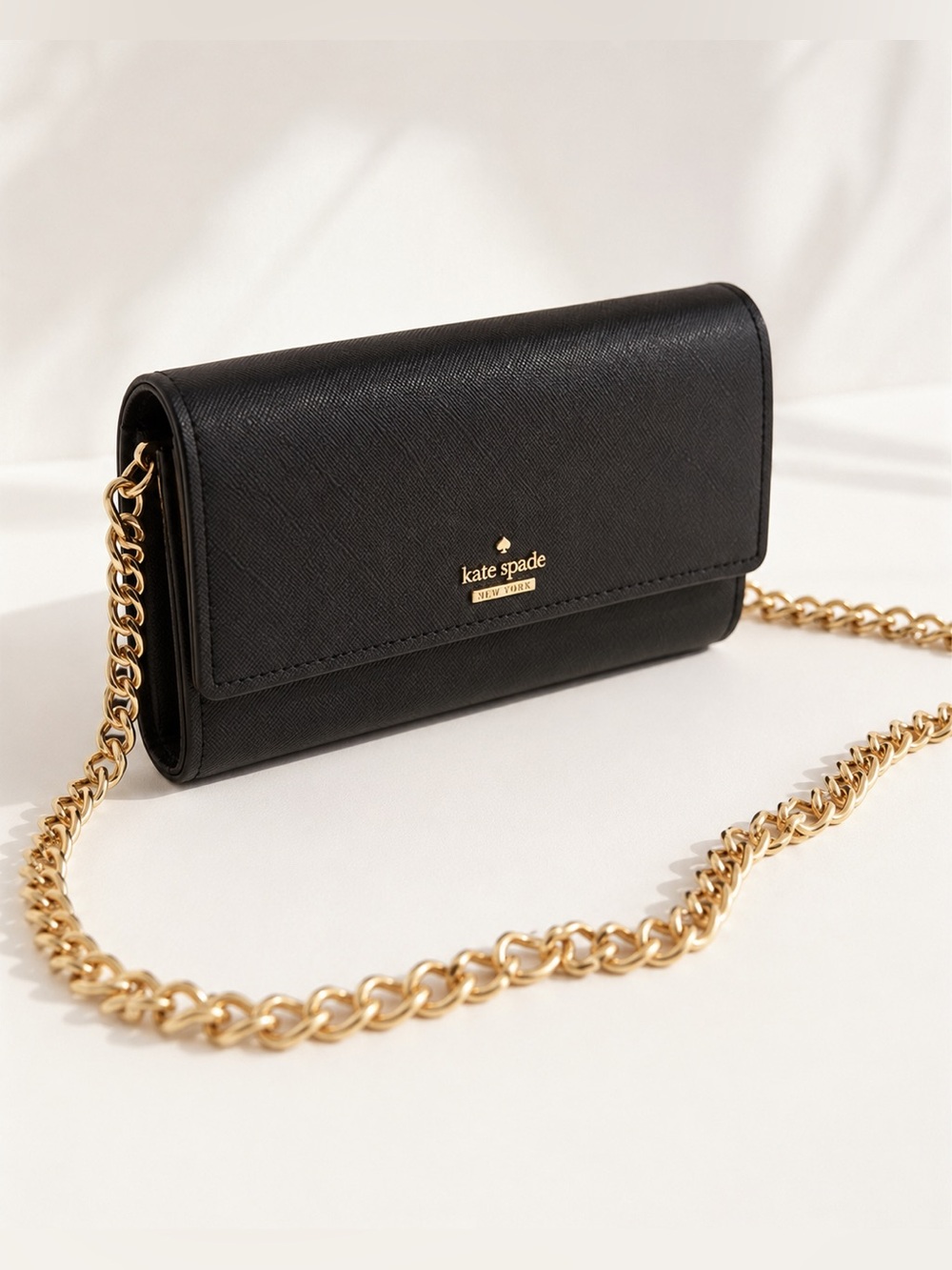 Kate Spade Black Saffiano Leather Gold Chain Crossbody Wallet Clutch